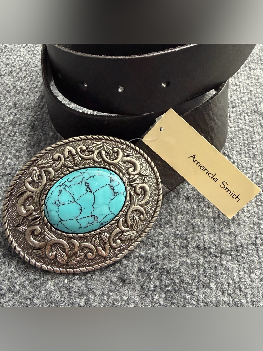 Amanda Smith Western Turquoise Buckle Black Belt M NWT